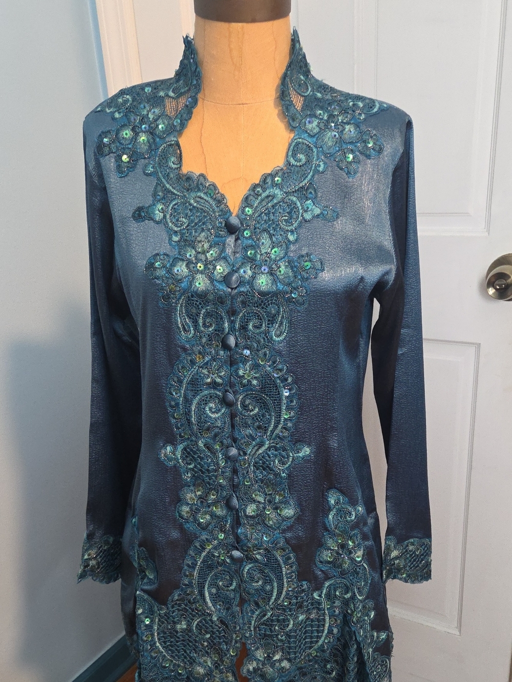 Batik Teal Embroidered Satin Tunic